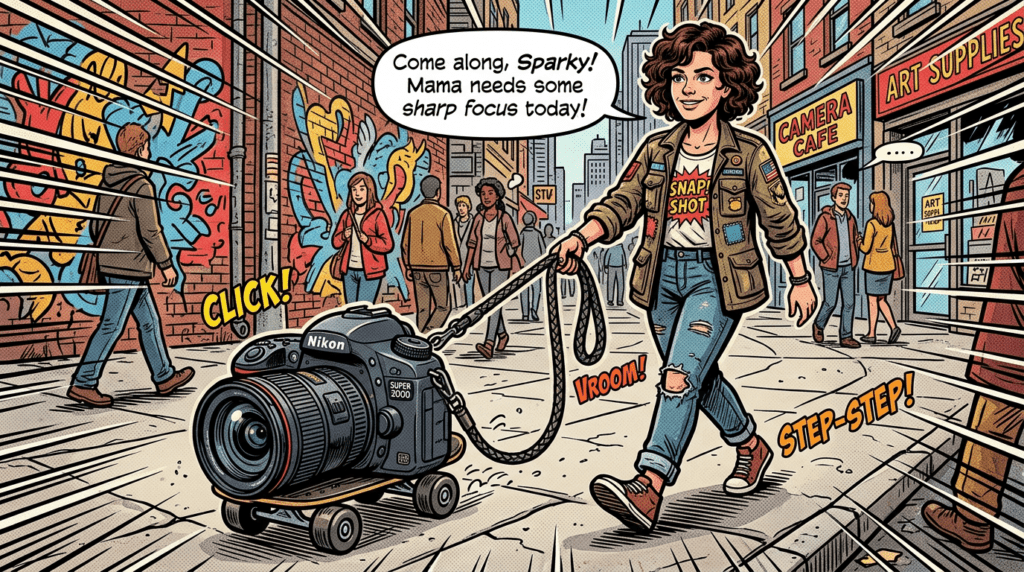 Woman walking a Nikon camera on wheels like a dog leash in urban setting
