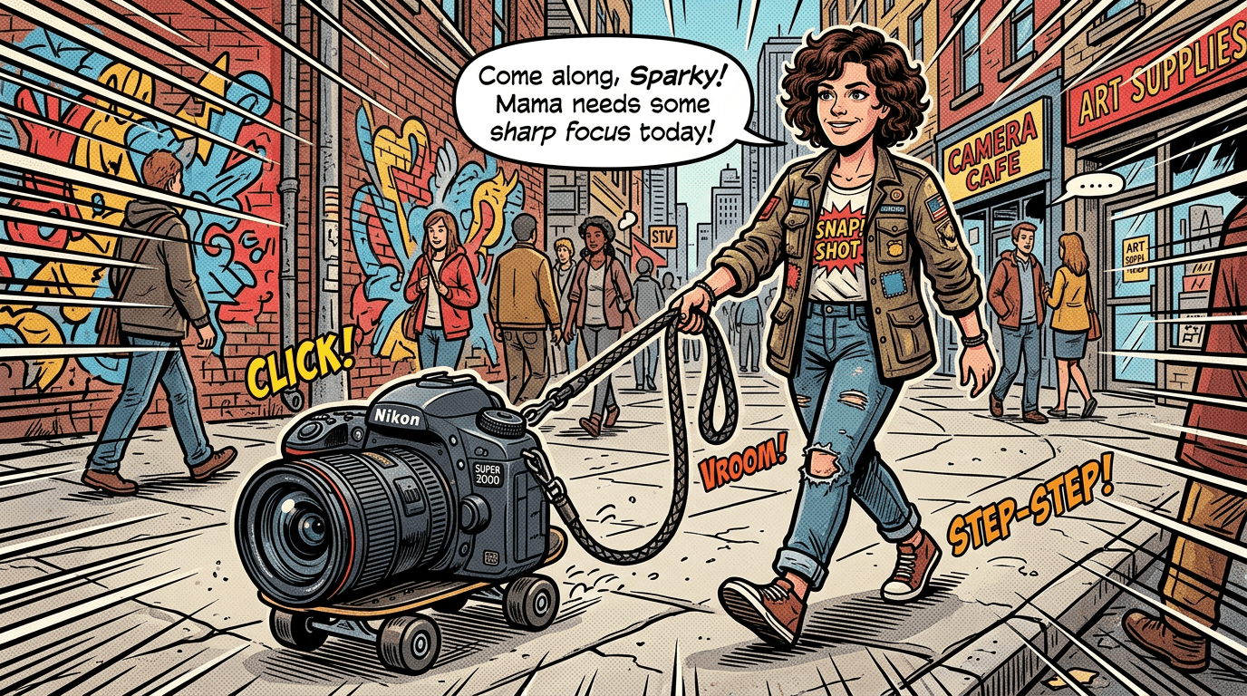 Woman walking a Nikon camera on wheels like a dog leash in urban setting